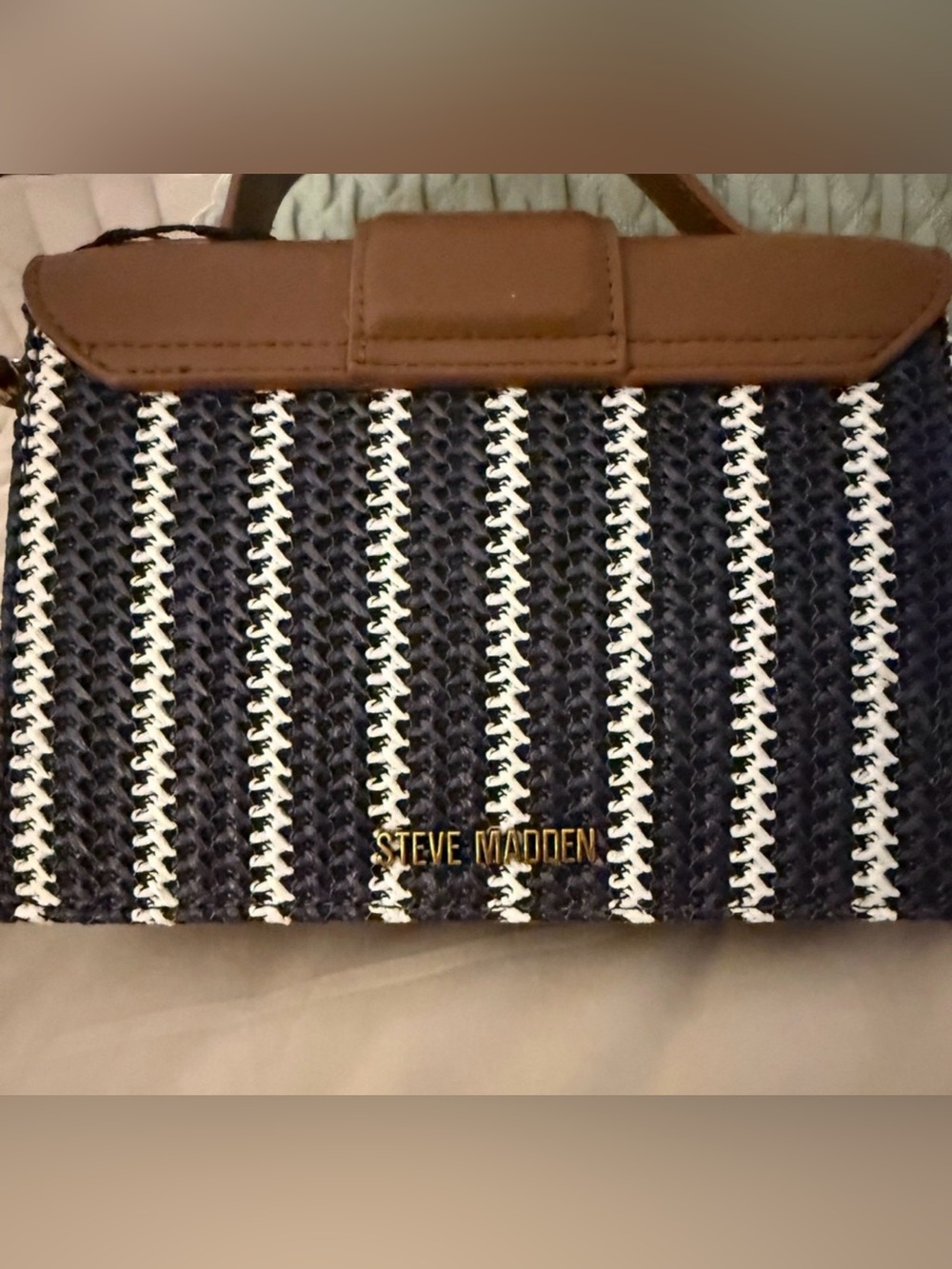 🌷NEW🌷Steve Madden Tan and Black Striped Woven Top-Handle Satchel
